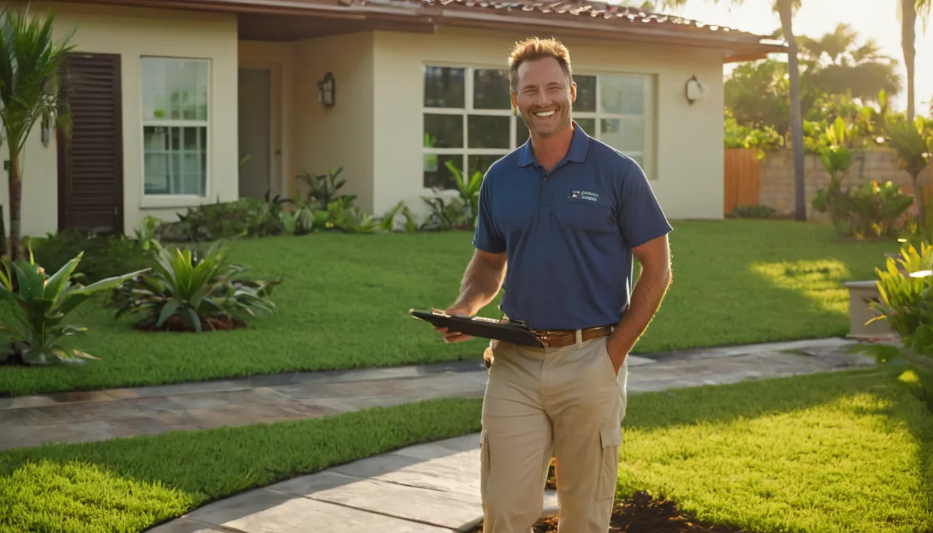 Friendly provider talking with a homeowner beside a septic access area in a St. Petersburg yard